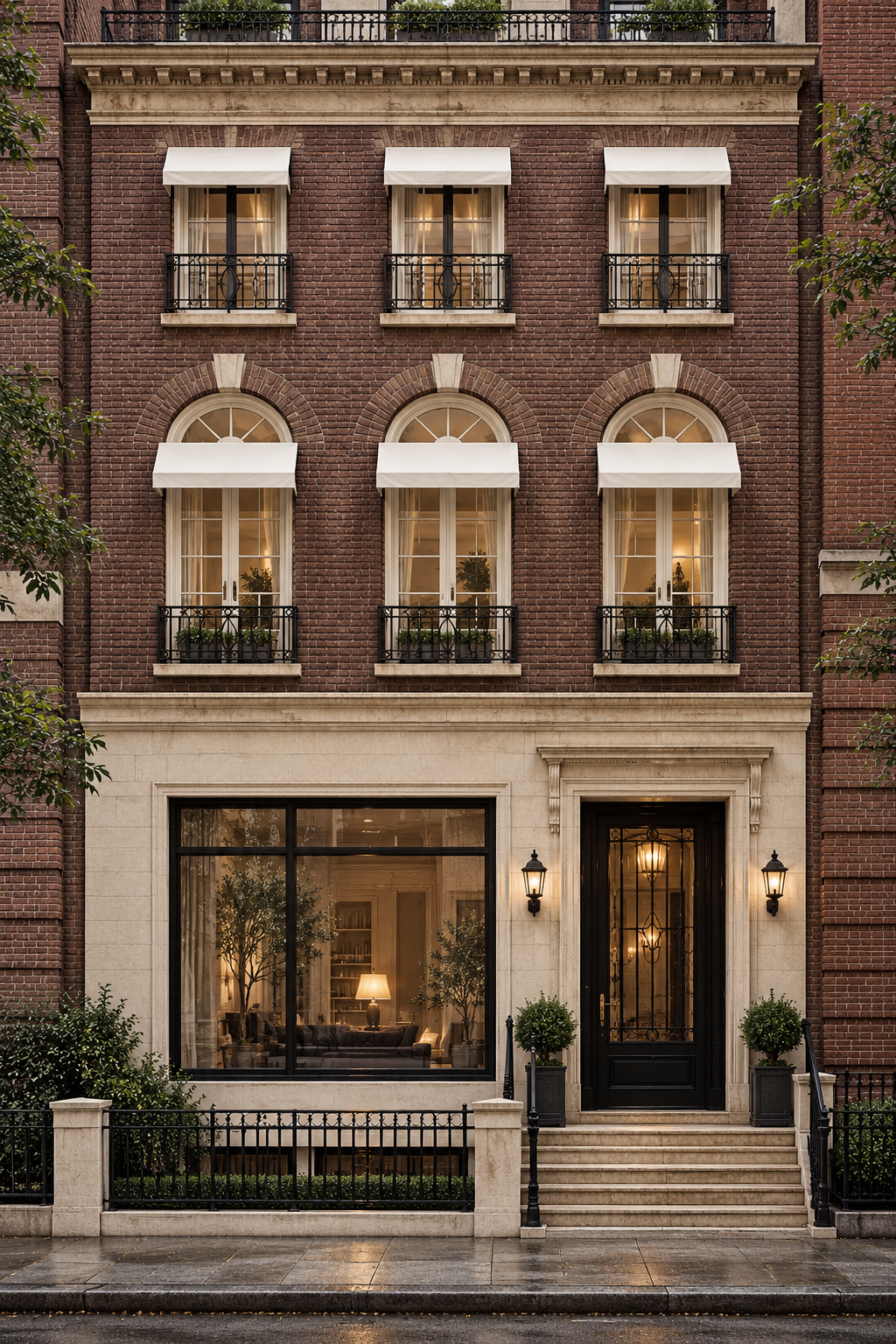 A dignified brown-brick cultural house with limestone, black ironwork, ivory awnings, and a softly lit entrance